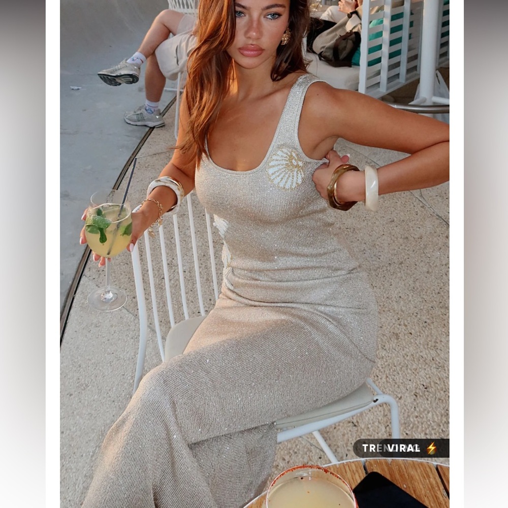 White Fox Boutique Marine Mist Sequin Knit Maxi Dress Champagne - Picture 7 of 11